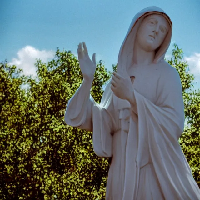 Image similar to closeup of crying white mother mary statue pictured slightly from below, clear sky with blue clouds in background, vintage polaroid
