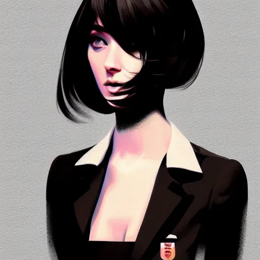 Prompt: young british special ops female in black tuxedo, muted colors, matte print, pastel colors, 2d, ultra highly detailed, smooth, sharp focus, digital art, digital painting, fan art, elegant, artstation, head is centered, by Ilya Kuvshinov