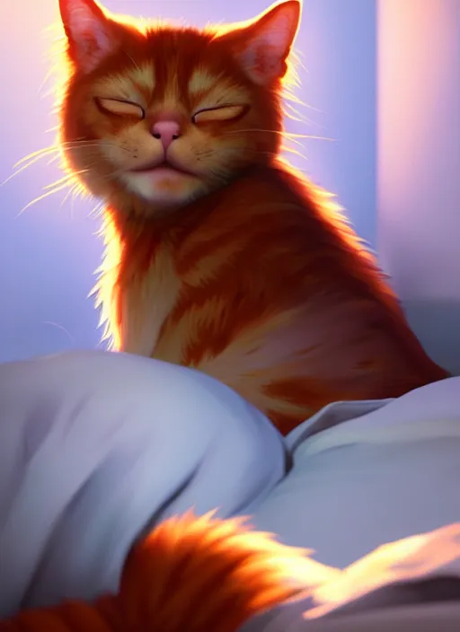 Prompt: a portrait of ginger cat, sleeping in a messy bedroom, sun - rays, studio ghibli, pixar and disney animation, sharp, rendered in unreal engine 5, anime key art by greg rutkowski, bloom, dramatic lighting