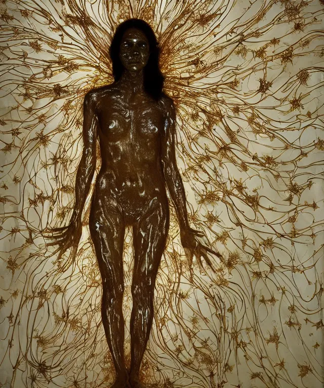 Prompt: Beautiful full-body wax sculpture of a glowing clothed transparent woman in a glowing dress with visible gold bones, fishes, butterflies, and a brain covered with melted white wax inside the singularity where stars becoming baroque folds of dark matter by Michelangelo da Caravaggio, Nicola Samori, William Blake, Alex Grey and Beksinski, dramatic volumetric lighting, highly detailed oil painting, 8k, masterpiece