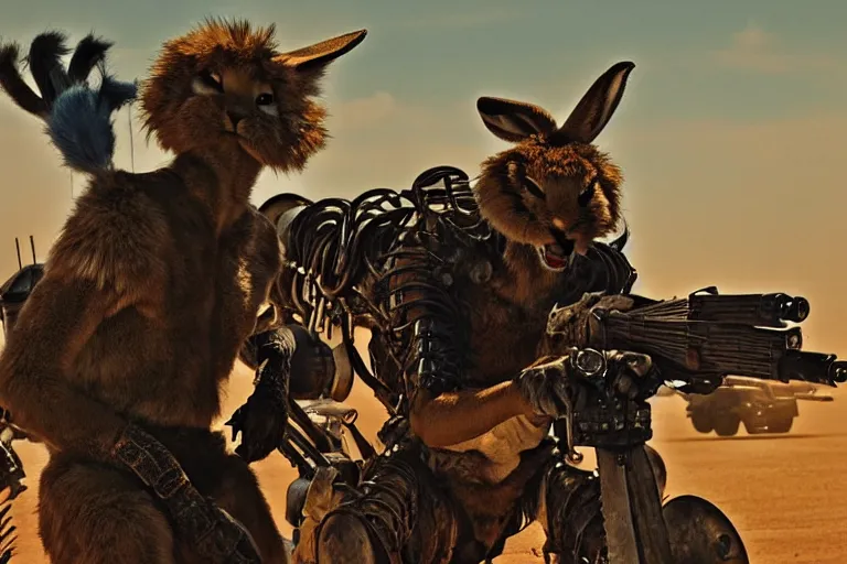 Image similar to a good ol'jackrabbit fursona ( from the furry fandom ), heavily armed and armored facing down armageddon in a dark and gritty version from the makers of mad max : fury road. witness me.