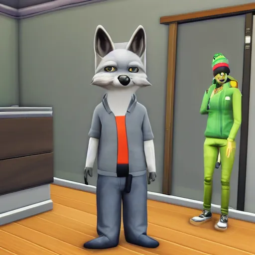 Image similar to anthropomorphic grey fox dressed in casual clothing, character in The Sims 4, indoors, in game screenshot