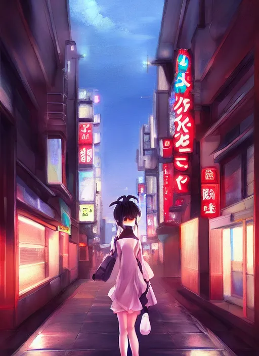 Image similar to a realistic painting of an anime girl crossing a crowded street at night in the city of Tokyo. Gorgeous realistic lighting. Atmospheric. Digital painting. Artstation.