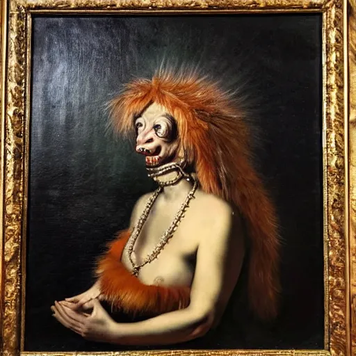 Image similar to disturbing dutch golden age oil painting by christian rex van minnen portrait of an extremely bizarre mutated grotesque proteus syndrome woman wearing fancy fur and jewels with intense chiaroscuro lighting cast shadows perfect composition masterpiece