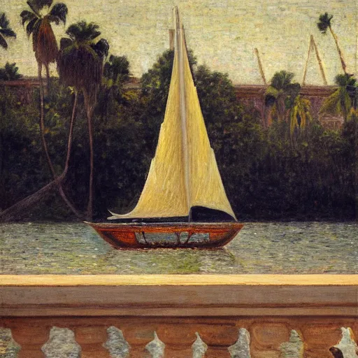 Image similar to a ultradetailed beautiful painting of a sail boat in the amazonas palace balustrade designed by jules bastien - lepage, tarsila do amaral, frank weston and gustave baumann, beach, trending on artstation, mediterranean, palm trees, sharp focus, soft light, 8 k 4 k