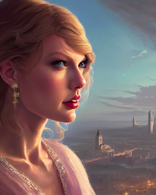 Image similar to portrait of taylor swift as an elegant renaissance goddess, in gta v, stephen bliss, unreal engine, by greg rutkowski, loish, rhads, makoto shinkai and lois van baarle, ilya kuvshinov, rossdraws, global illumination, radiant ligh!! t, detailed and intricate environment