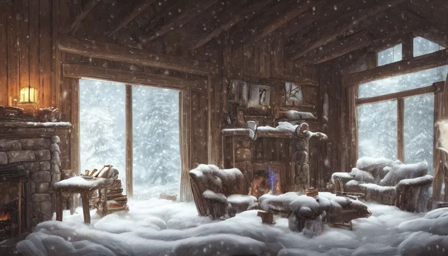 Image similar to A highly detailed matte painting of interior of old cabin in snowy forest, fireplace, bookshelves, old couch, snowing outside windows, by Studio Ghibli, Makoto Shinkai, by Artgerm, by WLOP, by Greg Rutkowski, volumetric lighting, octane render, 4K resolution, trending on artstation, masterpiece