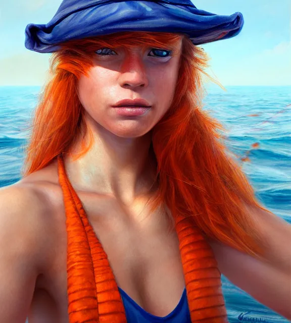 Prompt: muscular female fisherman on ship at sea, perfect face, bucket hat, orange halter top, ginger hair, abs, cinematic, blush, stunning, athletic, strong, agile, highly detailed, psychedelic, digital painting, artstation, smooth, hard focus, illustration, art by jessica rossier and and brian froud