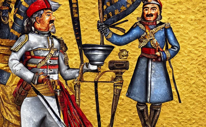 Image similar to smiling spanish conquer soldier holding golden cup on a inca temple, highly detailed, digital painting