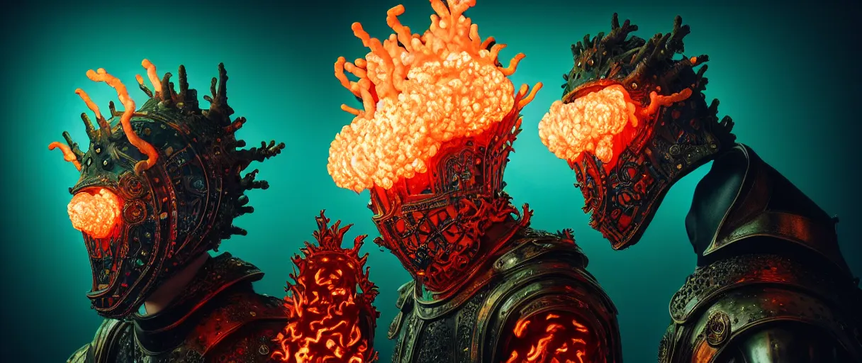 Image similar to hyperrealist highly detailed english medieval portrait of high fashion monster wearing flame fire smoke flame armor, radiating atomic neon corals, veiny network growth with neon uranium pattern, concept art pascal blanche dramatic studio lighting 8k wide angle shallow depth of field