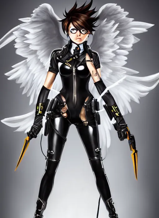 Image similar to full body artwork of tracer overwatch, wearing black latex outfit, in style of mark arian, angel wings, dramatic painting, wearing detailed leather collar, black shiny armor, chains, black harness, detailed face and eyes,