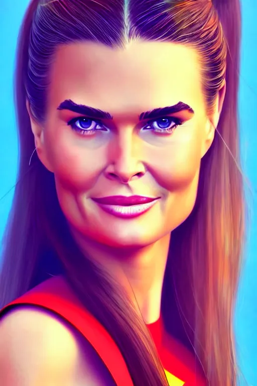 Prompt: portrait of a mix of beautiful young maria shriver, mariel hemmingway, brooke shields and elle macpherson as supergirl, thin lips, hair tied up in a pony tail, colorful artstation, cgsociety