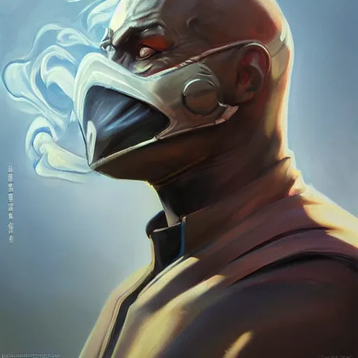 Image similar to greg manchess portrait painting of smoke from mortal kombat as overwatch character, medium shot, asymmetrical, profile picture, organic painting, sunny day, matte painting, bold shapes, hard edges, street art, trending on artstation, by huang guangjian and gil elvgren and sachin teng