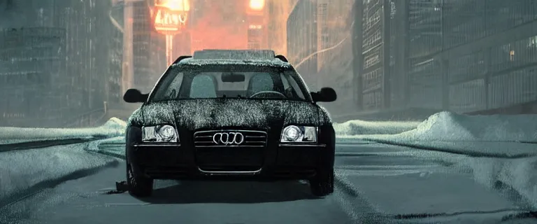 Image similar to Audi A4 B6 Avant (2002), a gritty neo-noir, dramatic lighting, cinematic, eerie person, death, homicide, homicide in the snow, viscera splattered all over the car, gunshots, establishing shot, extremely high detail, photorealistic, arson, burning city, cinematic lighting, artstation, by simon stalenhag, Max Payne (PC) (2001) winter New York at night, In the style of Max Payne 1 graphic novel, flashing lights, Poets of the Fall - Late Goodbye