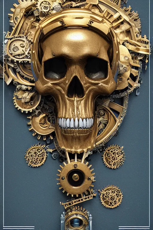 Prompt: conceptart 3 d render ultra detailed of a skull, intricate art deco and steam punk gears details inside, hyperrealistic, volumetric lighting, ultra detailed, elegant, octane render, blue and gold, 8 k, trending on artstation, unreal engine