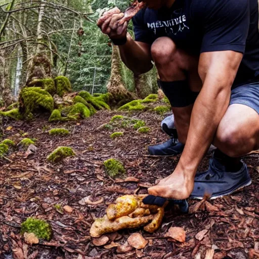 Prompt: the rock eating meat off the forest floor