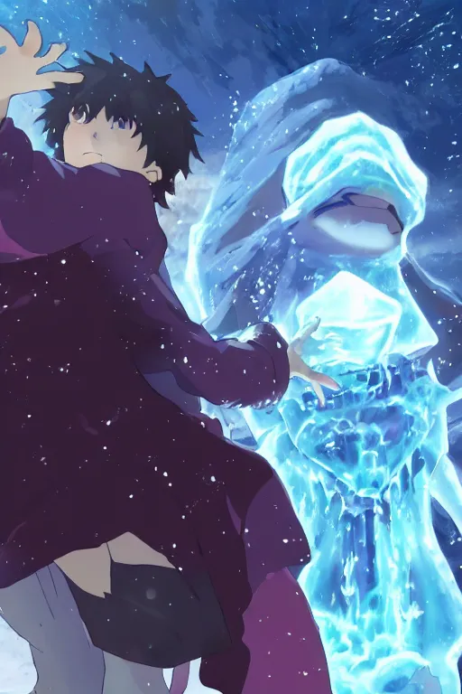 Image similar to cover art of mage summoning a ice golem, ufotable anime style, epic background