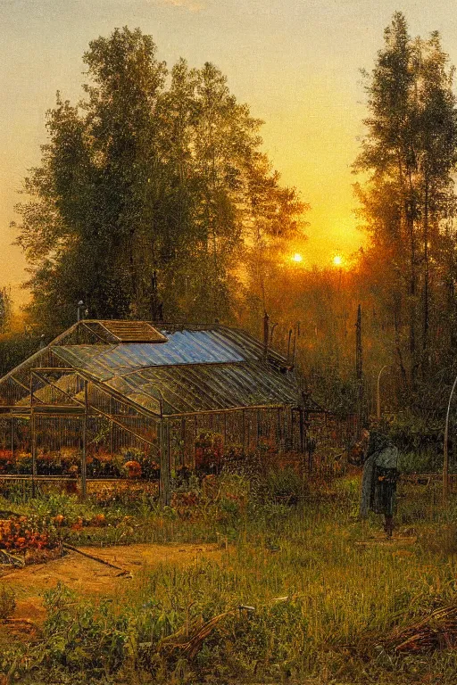 Prompt: greenhouse with harvest at sunrise painting by ivan shishkin