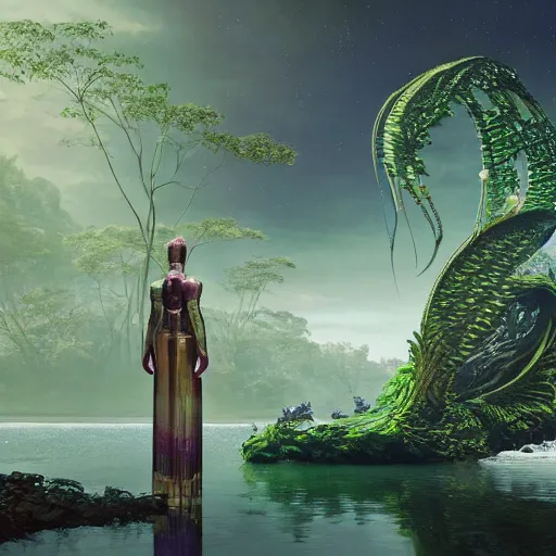 Image similar to river lush alien cinematic geometric 8 k sharp focus sacred by moebius, andreas franke, james christensen, victo nagi, artgerm