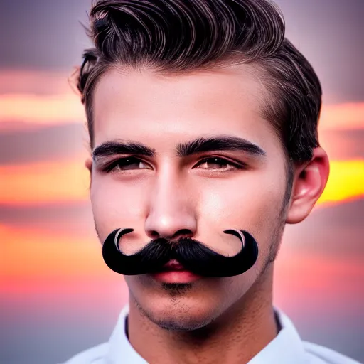 Prompt: closeup of a young gentlemen's face with a mustache, 4K, beautiful, sunset