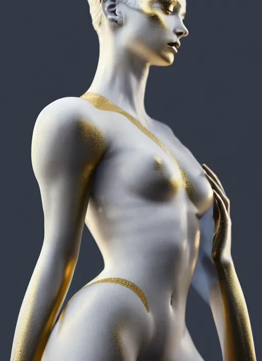 Image similar to a statue made of white marble with gold veins, of an beautiful gorgeous futuristic cybernetic angel girl, prostheses, transhumanism, full body shot, perfect symmetrical body, perfect symmetrical face, hyper realistic, hyper detailed, by johannen voss, by peter kemp, by monia merlo, by michelangelo, octane render, blender, 8 k