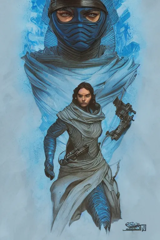 Image similar to dune themed majestic paul atreides glowing blue eyed fremen warrior, desert breathing armor, graffiti, street art sketch by sachin teng, moebius, artgerm, michael cheval, esao andrews, francois boucher, masterpiece, intricate organic painting, matte painting, hard edges, highly detailed, cinematic lighting character art movie poster by drew struzan