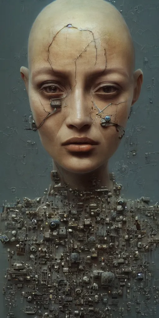 Prompt: a closeup of a businesswoman with computer motherboard parts built inside her head, Beksinski, Dariusz Zawadzki, very coherent symmetrical artwork. cinematic, hyper realism, high detail, octane render, 8k