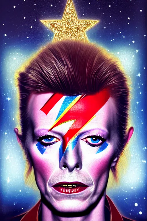 Image similar to Portrait of david bowie with a star tattoo on his eye , elegant, photorealistic, highly detailed, artstation, smooth, sharp focus, gold ornaments, neon lighting, sci-fi, art by Klimt