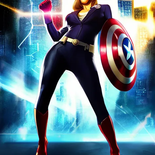 Image similar to a marvel poster with a superhero business woman in the center, ray tracing, high contrast