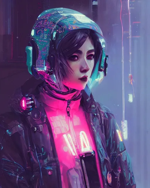 Image similar to detailed portrait Neon Operator Girl, cyberpunk futuristic neon, reflective puffy coat, decorated with traditional Japanese ornaments by Ismail inceoglu dragan bibin hans thoma greg rutkowski Alexandros Pyromallis Nekro Rene Maritte Illustrated, Perfect face, fine details, realistic shaded, fine-face, pretty face