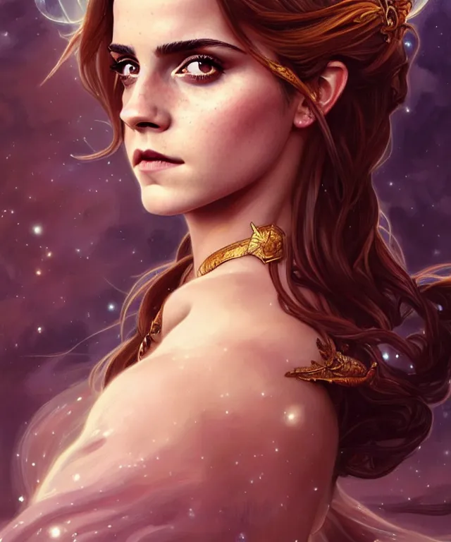 Image similar to Emma Watson as a fantasy magic woman portrait, sci-fi, amber eyes, face, long hair, fantasy, intricate, elegant, highly detailed, digital painting, artstation, concept art, smooth, sharp focus, illustration, art by artgerm and greg rutkowski and alphonse mucha