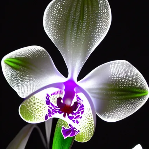 Image similar to an orchid flower made of metal, cybertronic, reflective, glowing