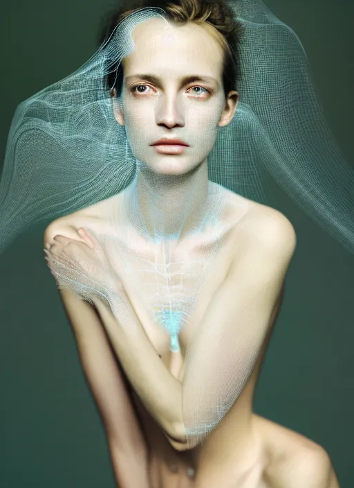 Image similar to Kodak Portra 400 of a beautiful woman, 8K, soft light, volumetric lighting, highly detailed, britt marling style 3/4 , fine art portrait photography by Paolo Roversi, face merging with opalescent pider, elegant bust and neck with intricate opalescent spiderwebs details, symbolic metamorphosis complex 3d render , 150 mm lens, art nouveau fashion embroidered, elegant, hyper realistic, ultra detailed, octane render, soft colours scheme, emotionally evoking, head in focus, fantasy, soft blur background light, volumetric lighting, highly detailed, Refined, Highly Detailed, fine art fashion magazine style, Hyper realistic, photo realistic