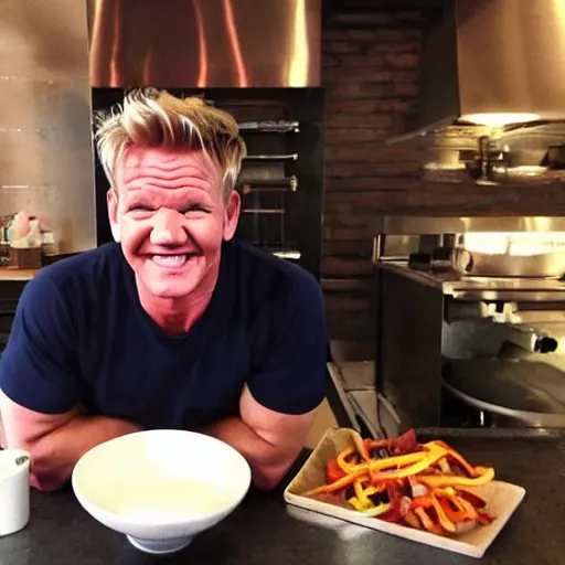 Image similar to gordon ramsay smiling ear to ear after making a dog dish