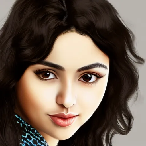 Prompt: portrait of a persian young lady with curly black hair, round face, thin lips, big brown eyes, photo, hyperrealistic, focused, detailed