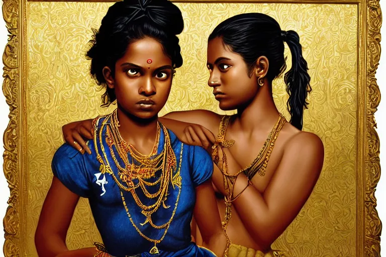 Image similar to a sri lankan girl pirate with iridescent skin by kehinde wiley