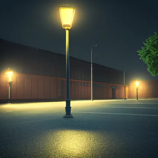 Prompt: an empty parking lot at midnight lit by streetlamps werewolf from van helsing unreal engine hyperreallistic render 8k
