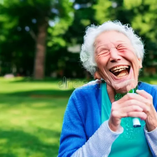 Prompt: an old woman laughing in a park with a thin translucent oxygen tubing under her nose, 4 k, stock photo