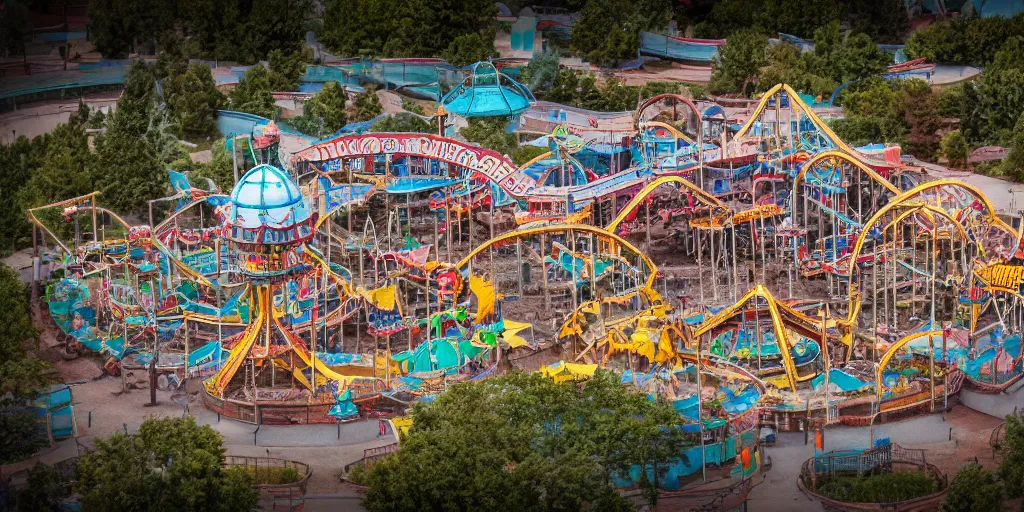 Image similar to Aerial Photo of nostalgic abandoned amusement park, photo realistic, isometric, tilt shift, bokeh, award winning, trending, 8k, HD