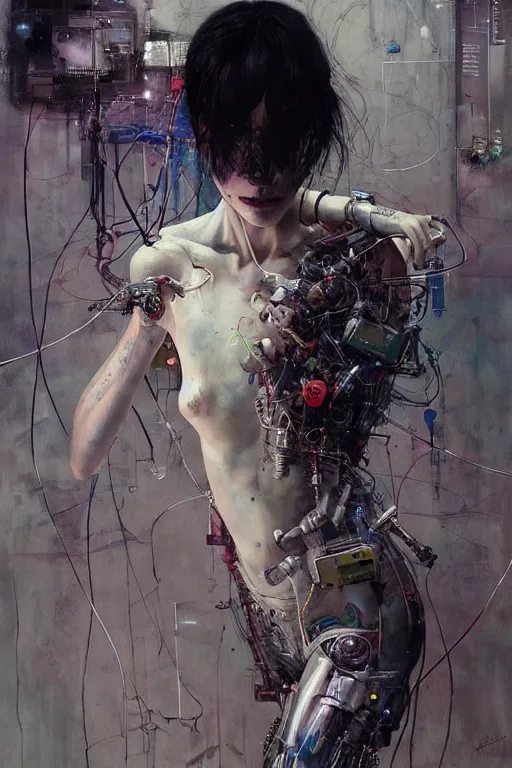 Image similar to young woman cyberpunk dream thief, wires cybernetic implants, in the style of adrian ghenie, esao andrews, jenny saville,, surrealism, dark art by james jean, takato yamamoto. intricate, very detailed, high quality