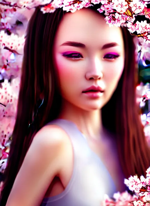 Prompt: photo of a beutiful girl in the style of stefan kostic, realistic, full body shot, sharp focus, 8 k high definition, insanely detailed, intricate, elegant, art by stanley lau and artgerm, extreme blur cherry blossoms background