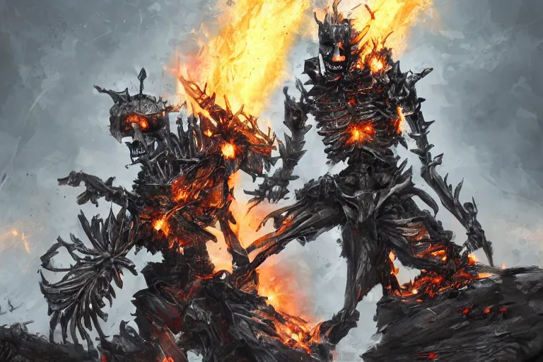 Image similar to skeleton knights spontaneously combusting, digital painting, mixed media, trending on artstation and deviantart, epic composition, centered, sharp focus, magnum opus, highly detailed, 8 k