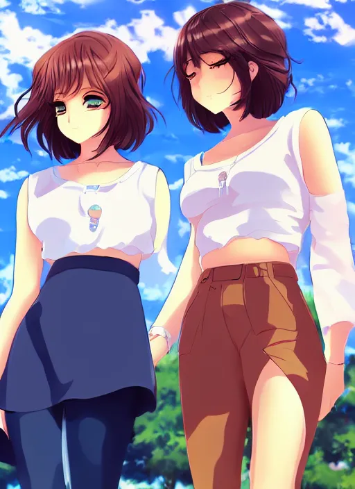 Image similar to two beautiful women under a blue sky, casual summer clothes, gorgeous faces, thick lines, cinematic lighting, detailed anime art