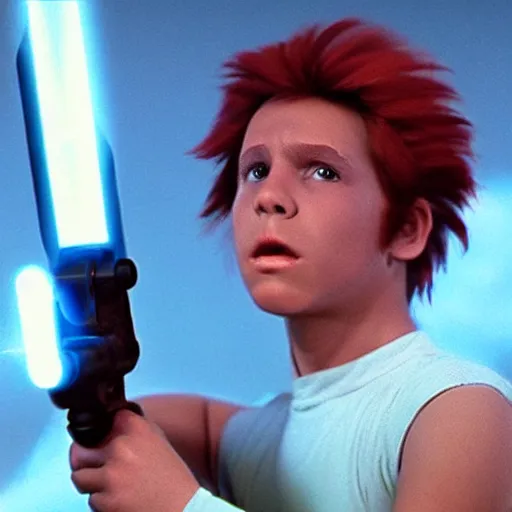 Prompt: a still of a boy with firey hair in star wars 1 9 7 7, realistic, photorealistic, detailed,