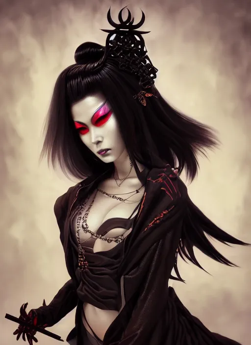 Image similar to soft lustrous ebony geisha seductive raver yakuza gothic cyborg, decay, underworld, dark fantasy, dark art, highly detailed, digital painting, octane render, artstation, concept art, smooth, sharp focus, illustration, art by artgerm, loish, wlop