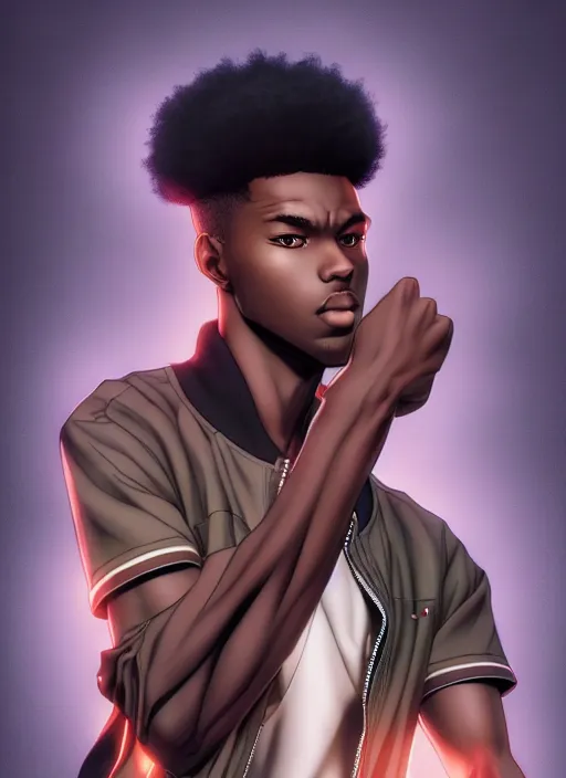 Image similar to handsome hip hop young black man, model pose, confident, manga style, scenery wallpaper aesthetic, pastel colors, symmetrical face, cinematic, dramatic, super detailed and intricate, hyper realistic, 4 k render, by artgerm, by kyoung hwan kim, by ralph mcquarrie, by yoshiyuki tomino