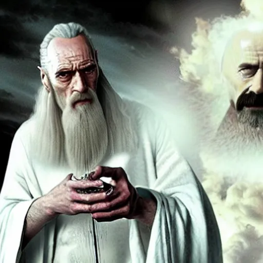 Prompt: Saruman the White cooking meth like Walter White in breaking bad