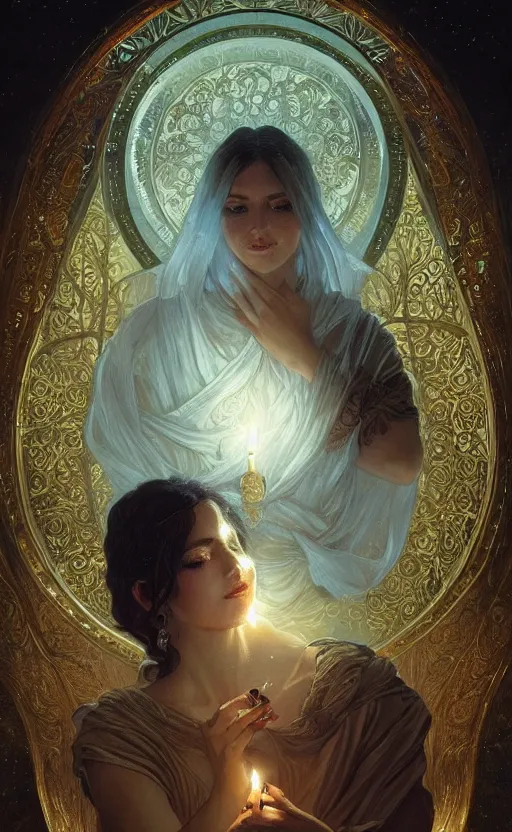 Image similar to masterpiece of beautiful hands close to a candle in dark room, cinematic, powerful, moon beams dramatic light, highly, intricate gold elements, hollow souls, detailed, digital painting, artstation, concept art, sharp focus, illustration, art by artgerm and greg rutkowski and alphonse mucha