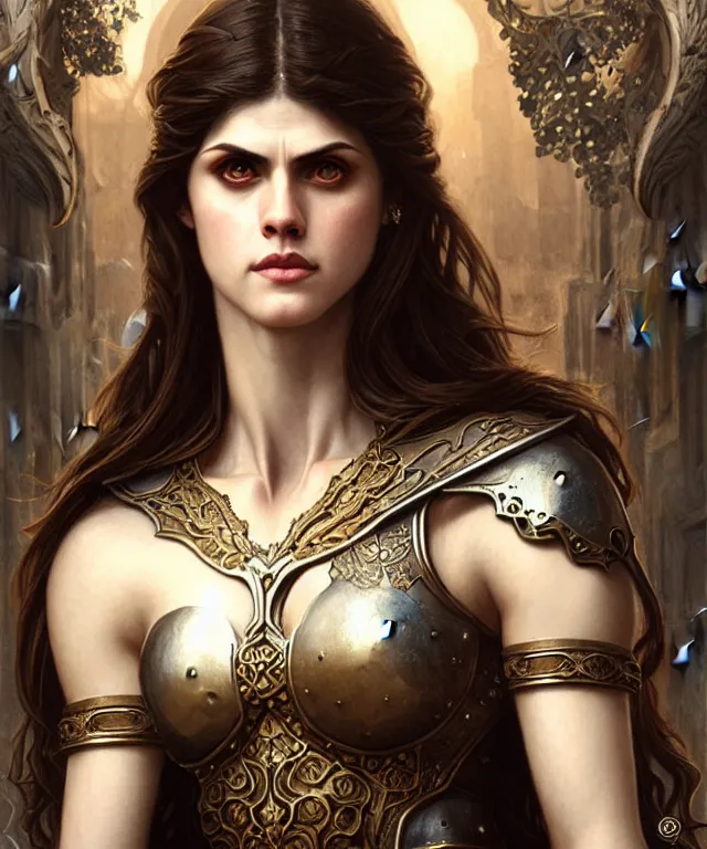 Image similar to Alexandra Daddario Muscular and powerful medieval knight portrait, art nouveau, fantasy, intricate flower designs, elegant, highly detailed, sharp focus, art by Artgerm and Greg Rutkowski