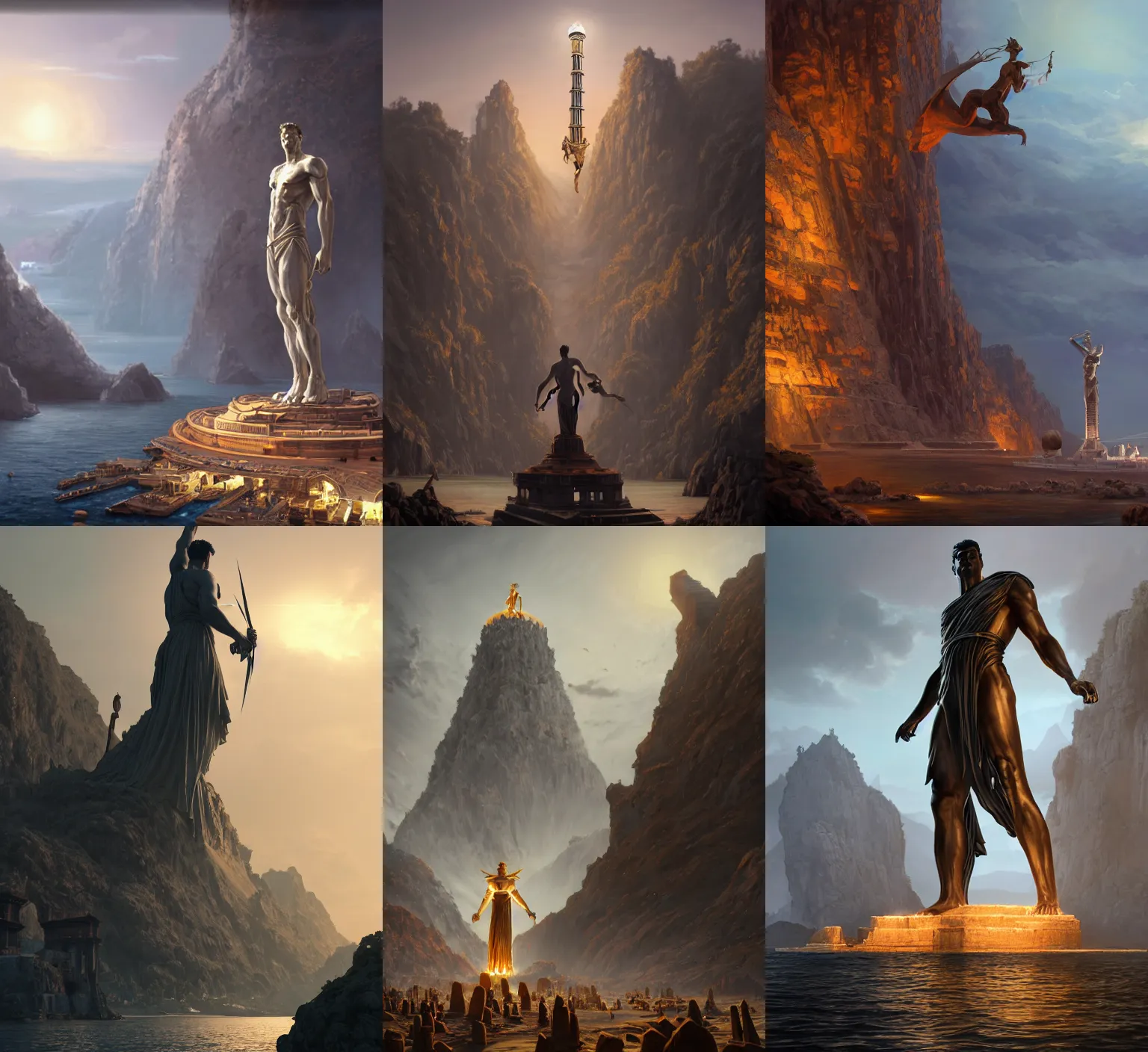 Prompt: the colossus of rhodes, cinematic lighting, volumetric lighting, concept art, smooth, sharp focus, highly detailed, unreal engine 5, octane render, artstation, deviantart, behance, trending, by feng zhu, shaddy safadi, noah bradley, tyler edlin, jordan grimmer, darek zabrocki, neil blevins